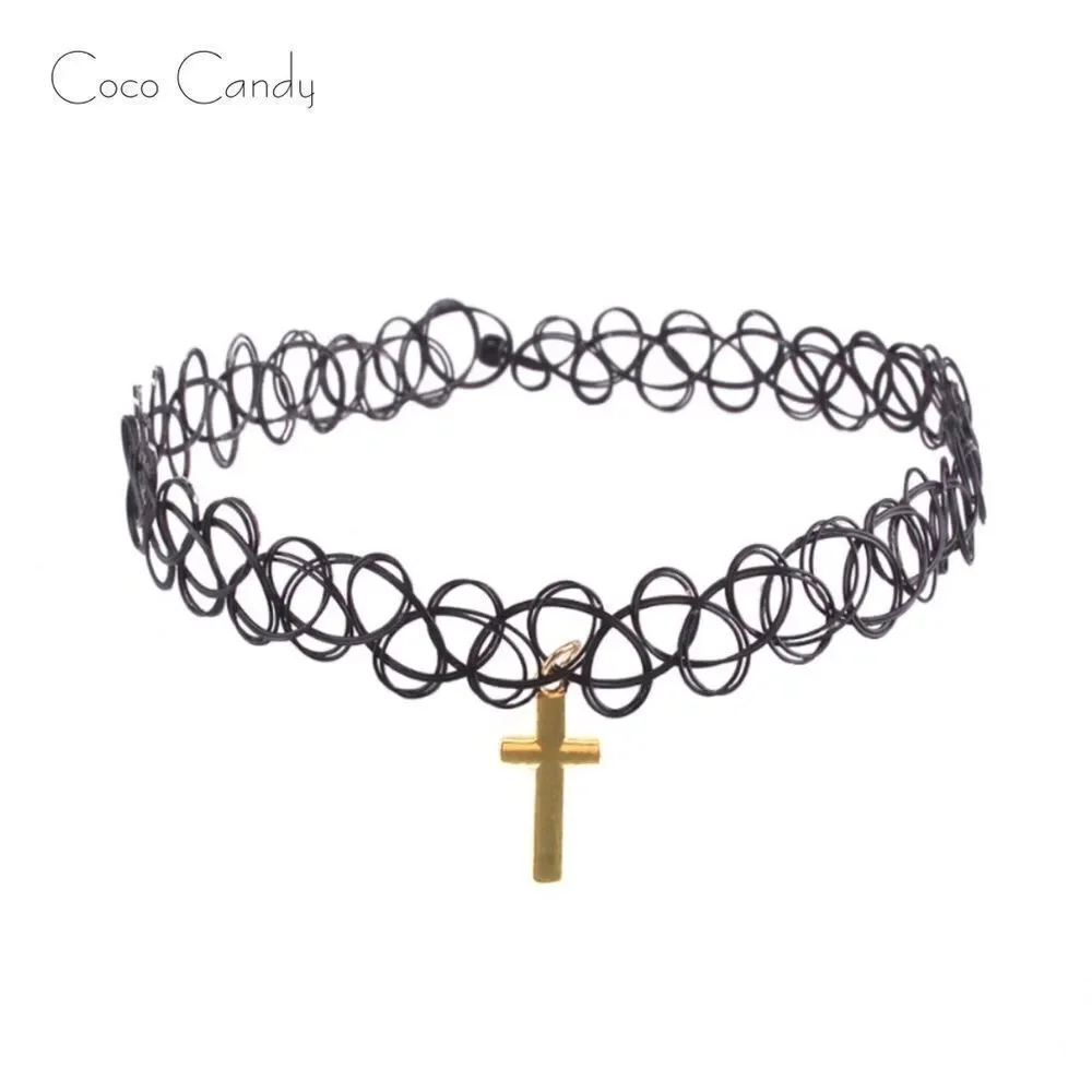 🆕Gold Cross Pendant Black Stretch Choker Necklace